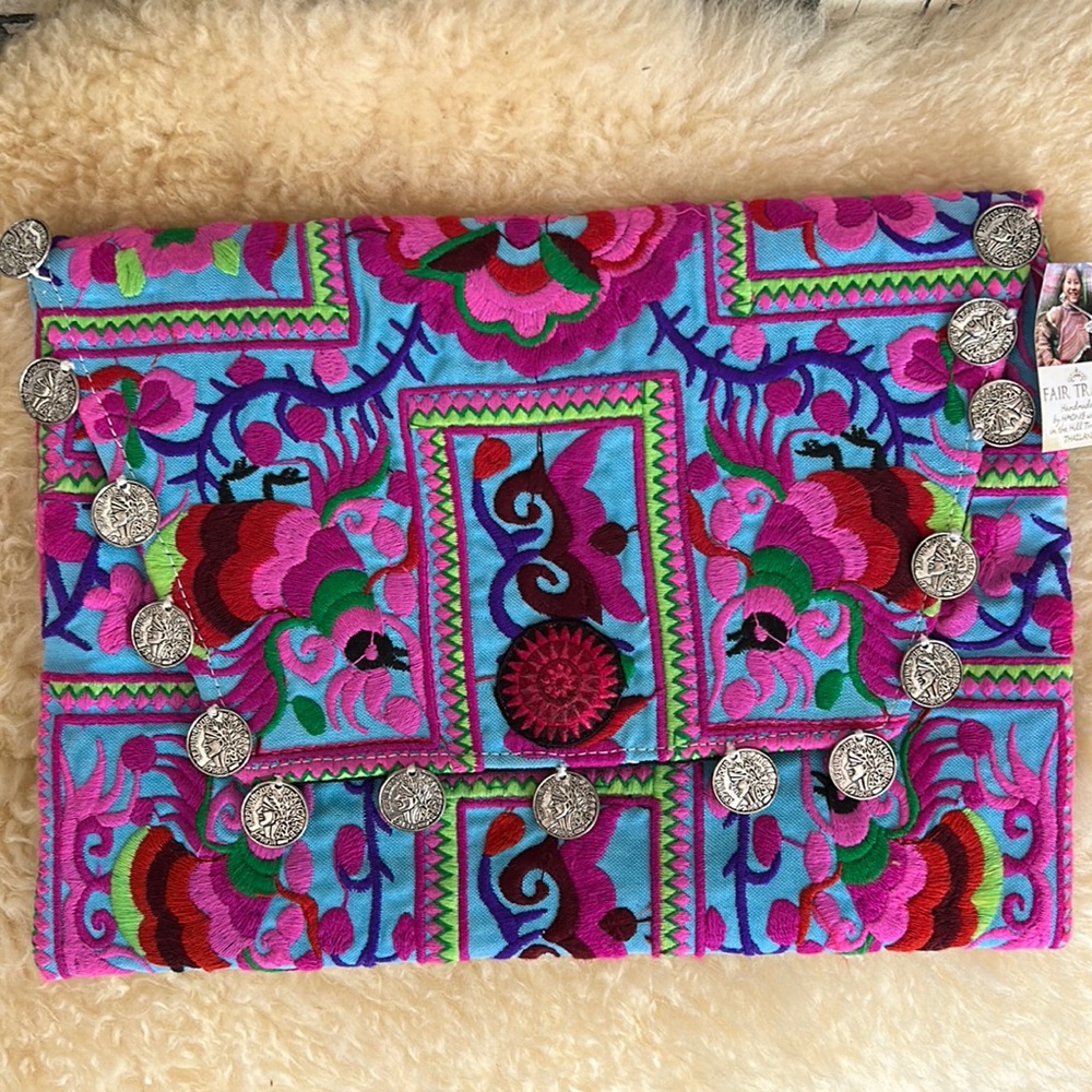 NWT Embroidered Fair Trade Envelope IPad Clutch